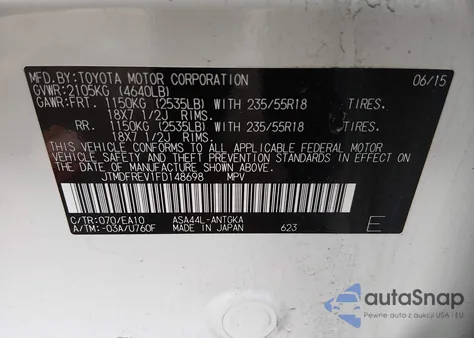 2015 Toyota Rav4 Limited z USA, uszkodzony, nr VIN JTMDFREV1FD148698